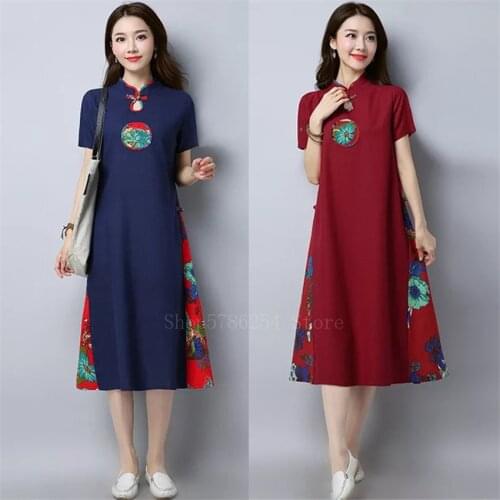 National 2020 Qipao Chinese Dress Traditional Costume for Women Vintage Cotton Linen Blouse Cheongsam Red Blue Chinese Clothes