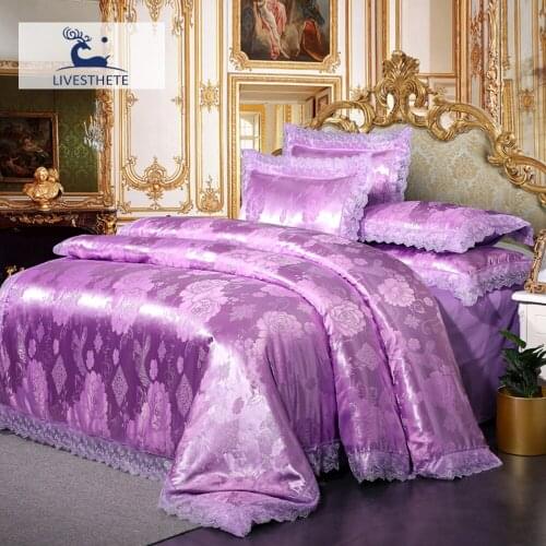 Liv-Esthete Euro Bedding Set Light Purple Quilt Cover Pure Cotton Fitted Sheet Elastic Band Bedspread Lace Decor Home Bedding
