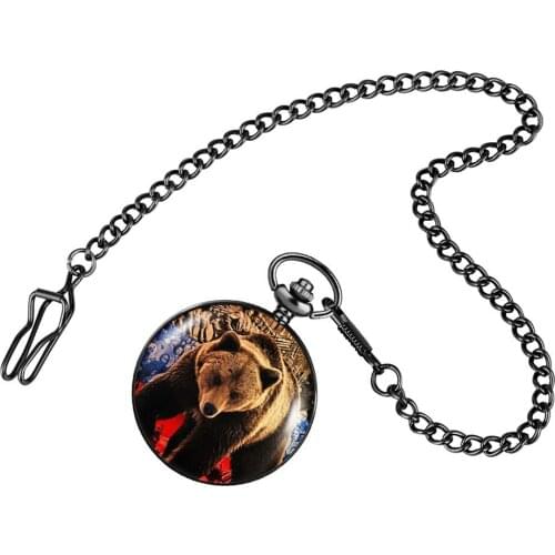 Bear Pattern Printed Quartz Pocket Watch Antique Pendant Fob Watch Black Pocket Chain Retro Timepiece Gifts Men Women