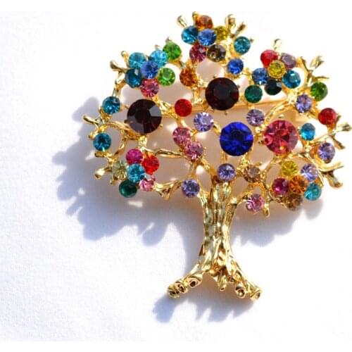 Sweet Jewelry Gold Color Wishing Tree Rhinestone Brooch Lady Ornaments Mix Color Crystal Breast pin Accessory Wind coat Garments