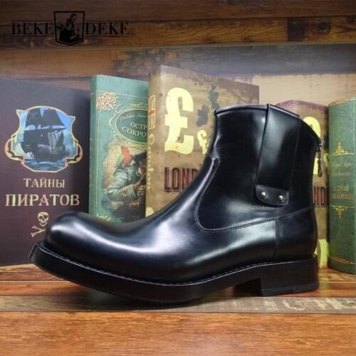 Safari Style Knight Cowboy Boots Men Work 100% Genuine Leather Ankle Boots Designer Handmade Business Casual High Top Shoes