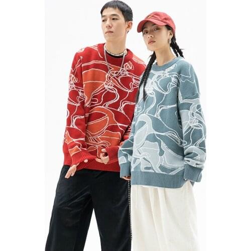 Men Fashion Brands Retro Totem Sweater Boys O-Neck Loose Casual Lovers Pullover New Hip Hop Streetwear