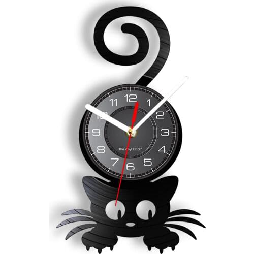 Crazy Cat Lady Wall Art Silhouette Kitten Cat with Funny Tail Home Decor Wall Clock Black Kitty Vinyl Record Clock Cat Pet Lover