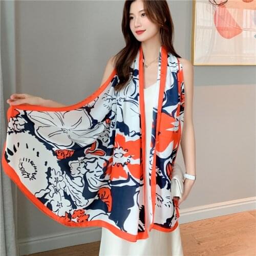 2021 New 180*90cm Silk Scarf Women Print Shawl and Wrap Muslim Headscarves Hijab Bandana Hand Bag Accessories Floral Pashmina