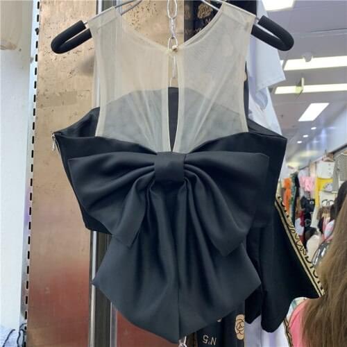 New Backless Sexy All-Matching Three-Dimensional Bow Top Mesh Stitching Sleeveless Short Shirt for Women Blusas Mujer