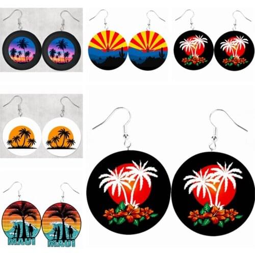 Wholesale Faux Leather Earrings Tropical Sunset Palm Tree Beach Island Summer Sunset Earrings