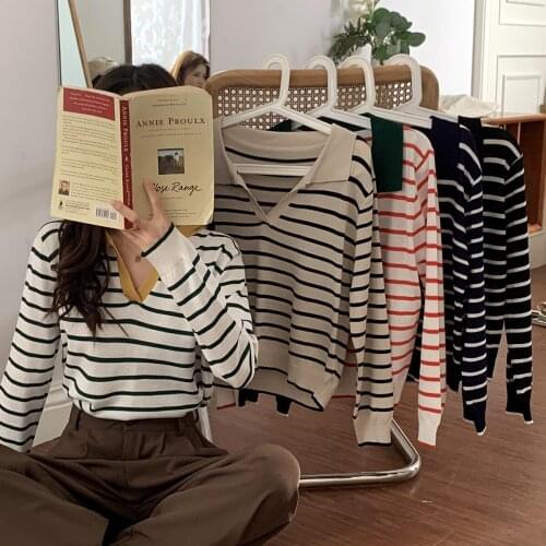 WWENN Autumn Winter Striped Knitted Pullovers Sweaters Turn-down collar Long Sleeve Korean Sweater Soft Warm Jumper Pull Femme