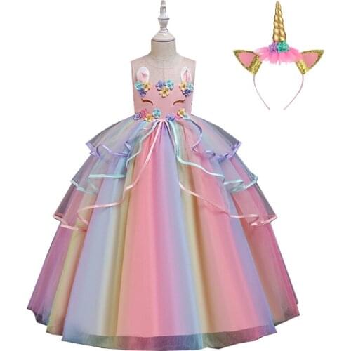 2021 Christmas Flower Girl Unicorn Rainbow Wedding Party Dress for Girls Birthday Unicorn Role Dance Performance Dresses 8 10 Y