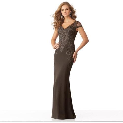 Wholesale Elegant Gray Appliqued Beading Cap Sleeves Mother of the Bride Dresses Deep V Neckline Wedding Guest Gowns Full Length