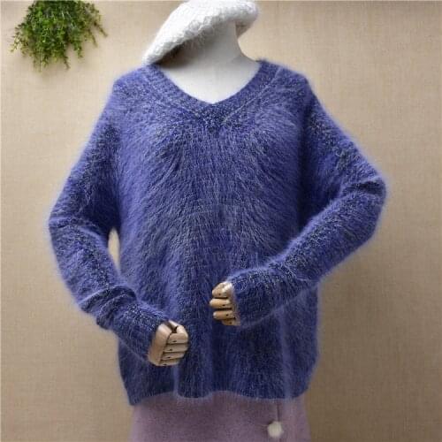 Ladies women fashion autumn winter clothing mink cashmere knitted long sleeves v-neck loose pullover angora fur jumper sweater