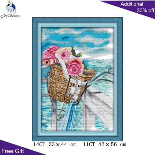 Joy Sunday Romance By The Sea Home Decoration FA121 14CT 11CT Counted Stamped Beach Bike Flowers Embroidery DIY Cross Stitch kit
