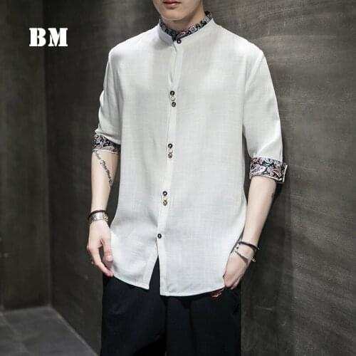 2021 Chinese Style Cotton Linen Half Sleeve Shirt MenS Clothing Summer Plus Size Retro Stand Collar Dress Harajuku Top Male