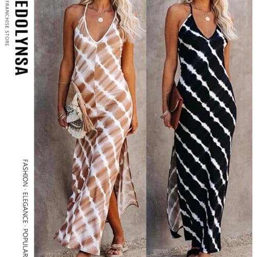 Sexy Spaghetti Strap Deep V-neck Sleevless Side Split Summer Dress Cotton Tunic Women Casual Street Wear Boho Club Dress A399