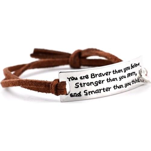 "You are Braver Than you Believe Stronger than you seem" Inspirational Motivational Leather Bracelet Fashion Jewelry Men Women