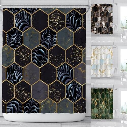Geometric Marble Printed Fabric Shower Curtains Leaves Bath Curtains Waterproof Bathroom Decoration with Hooks