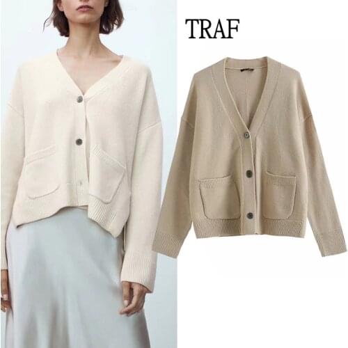 TRAF Za Women Cardigan 2021 Autunmn Cardigan Sweater Long Sleeve Top Woman Knit Jacket Oversized Sweater Loose Women Clothing