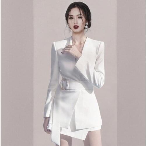 Office Lady Elegant Suit Women V-Neck Long Sleeve Slim Belt Blazer + High Waist Irregular Skirt Set 2021 New Autumn