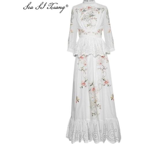 Seasixiang Fashion Designer Spring Long Dress Womens Stand collar Flowers Embroidery Hollow out Ruffles Vacation Maxi Dresses