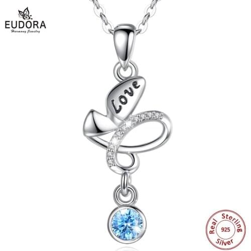 EUDORA 925 Sterling Silver Flying butterfly blue Crystal Pendant Necklace with love Jewelry for Women Exquisite Party Gift D576