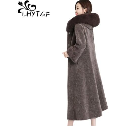 UHYTGF 2019 imitation fox fur collar winter fur coat women quality sheep shearing fur coat casual 3XL plus size jacket women 839