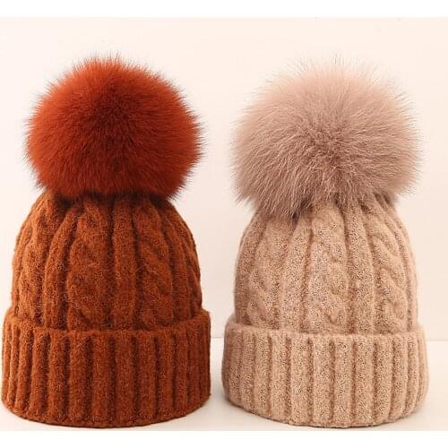 Winter Hat With Rabbit Fur Ball Cap PomPoms Baby Boy Girl 's Hat Knitted Beanies Kids Skullies Parent-child Thick Knitted Hat