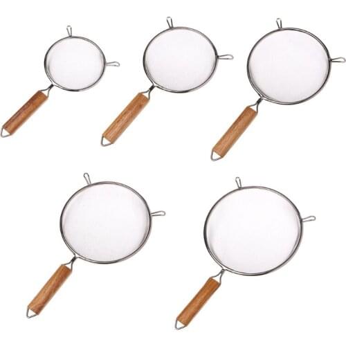 1Pc Stainless Steel Double Mesh Strainer Colander Sieve Sifter Wooden Handle 5 Size