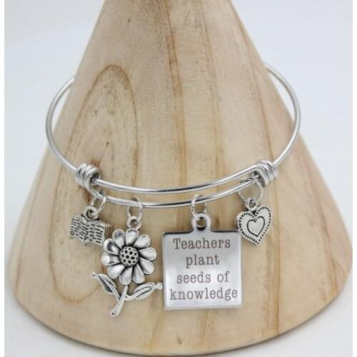 10PCS Stainless Steel Bangle Bracelet teachers plant seeds of knowledge Charm Bracelets for teachers gifts Bijoux Pulsera