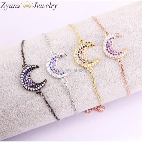 10PCS ZYZ327-1151 CZ Micro Pave Zirconia Charm Crescent Moon Crystal Connector Bracelet, in Gold/Black/ rose gold/Silver color