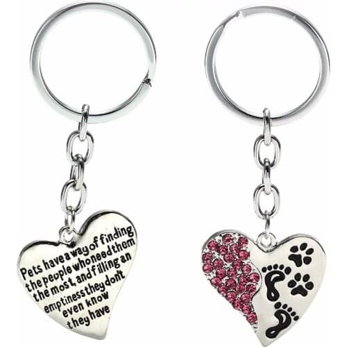 12PC/Lot Pets Have Way Of Pink Crystal Heart Keychains Pet Paws Prints Keyring Gifts For Women Men Animals Lovers Charm Jewelry