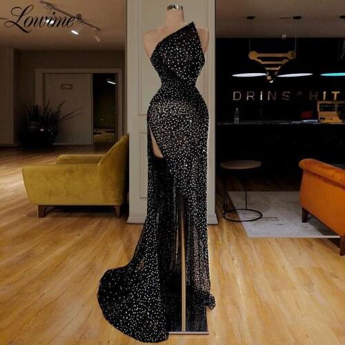 Black Long Prom Dress High Split Side Glitter Strapless African Party Dresses 2019 Custom Arabic Evening Gowns Vestido De Festa