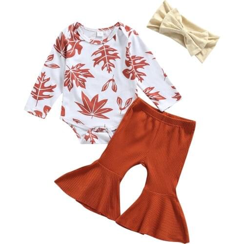 2021 3Pcs Baby Outfits, Maple Leaf Long Sleeves Romper + Solid Color Flare Trousers + Headband for Toddler Girls, 0-18 Months