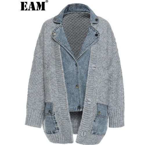[EAM] Loose Fit Knitting Denim Stitch Big Size Jacket New Lapel Long Sleeve Women Coat Fashion Tide Autumn Winter 2021 1DD1601