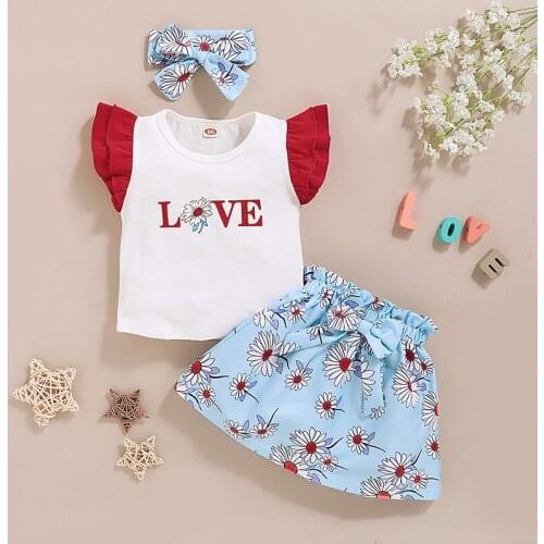 European and American baby childrens daisy flying sleeve skirt suit three-piece short sleeve + skirt + headwear