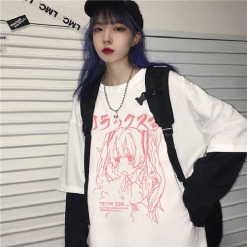 Japanese Kawaii Anime Cartoon Print O-neck Cotton Fake Two-piece Long-sleeved T-shirt Sweet Harajuku Goth Punk Womens T-shirt