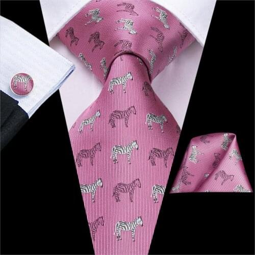 Hi-Tie Pink Print Silk Ties For Men Handkerchiefs Cufflinks Set Peach Zebra Horse Style Mens Tie Gift For Men Jacquard Gravata