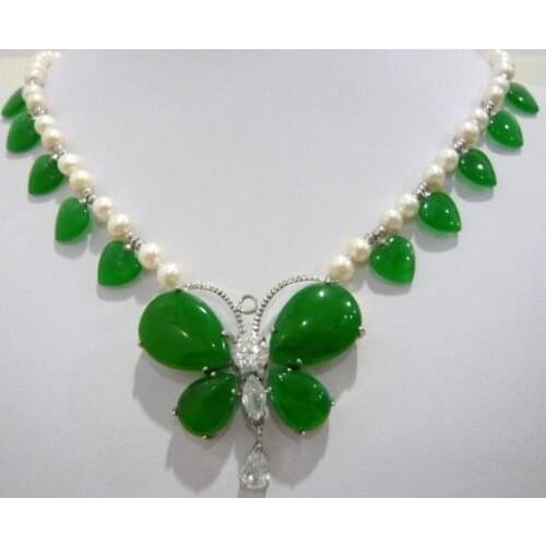 Perfect matched white pearl & heart shape green natural jade necklace+ green natural jade butterfly pendant