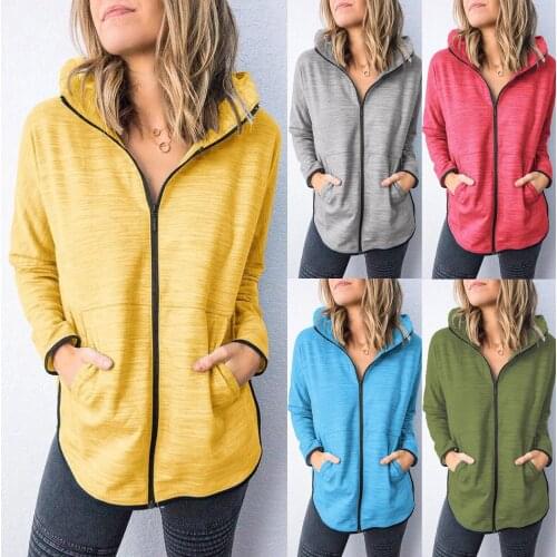 Fashion Women Solid Color Zipper Long Sleeve Sport Blouse Tops Hooded Sweatshirt
