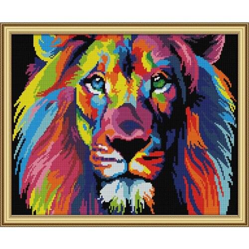 Coloured lion cross stitch kit aida 14ct 11ct count print canvas stitches embroidery DIY handmade