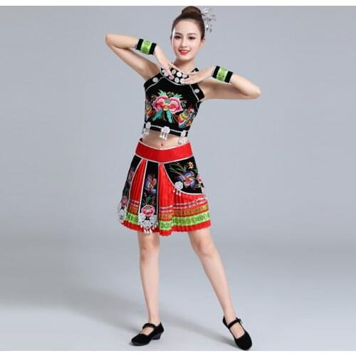 Chinese Folk Dance Hmong Clothes Stage Dance Costume Adult Women Top and Skirt Festival Outfit Miao Clothing