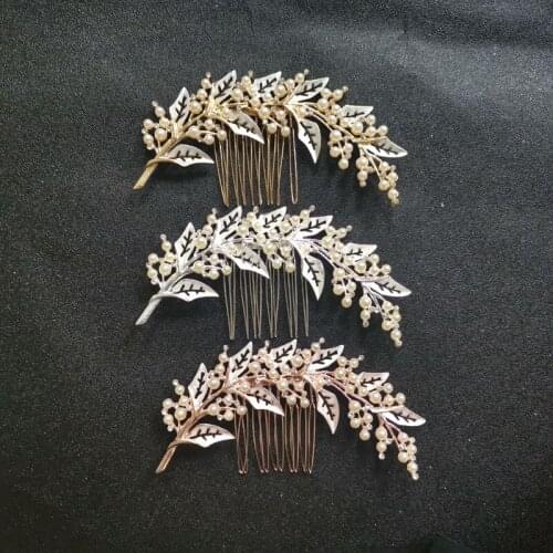 SLBRIDAL Handmade 3 Colors Crystal Rhinestones Simulated Pearls Flower Leaf Wedding Hair Comb Bridal Headpieces Women Jewelry