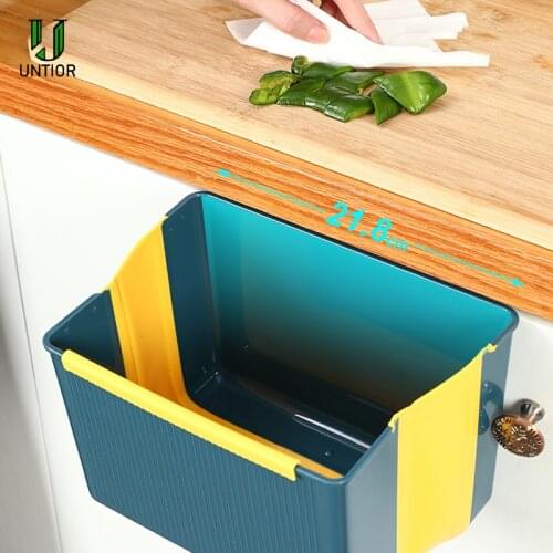 UNTIOR Folding Waste Bin Kitchen Cabinet Door Hanging Trash Can Wall Mounted Trashcan for Bathroom Toilet Garbage Storage 4L
