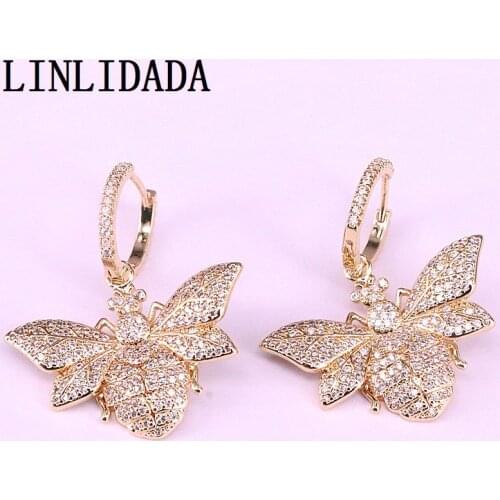 3Pair, Micro Pave Clear Zirconia insect Dangling Earrings Charm Crystal CZ Drop Earring Party Gold Jewelry