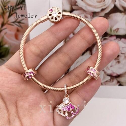 XIAOYI 2020NEW S925 rose pink fan pendant romantic fan-shaped amulet diy bracelet suitable for European sister wedding fashion