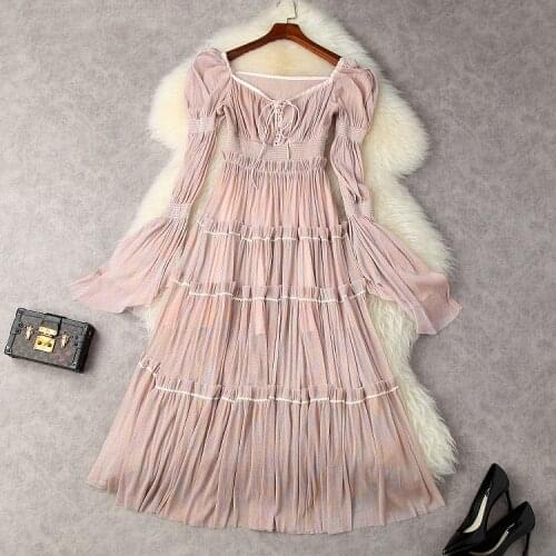 European and American womens wear for summer 2021 Long sleeve V-neck gauze bright silk Fashion pleated dress