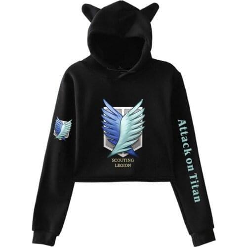 Anime Women Sweatshirt Attack on Titan Crop Top Hoodie Girls Streetwear Kawaii Cat Ear Cropped Short Sweatshirt Women Hooded
