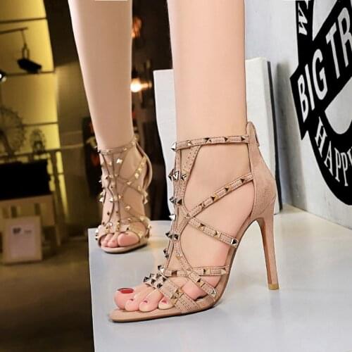 BIGTREE 2021 New Rivet Metal Decoration High Heel Women Sandals Cover Heel For Party Gladiator Ladies Shoes Black Size 35-40