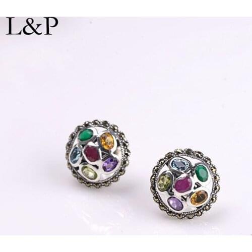 Retro Elegant Colorful Crystal Stud Earrings For Women Original Real 925 Sterling Silver Earrings For Wedding Anniversary Gift