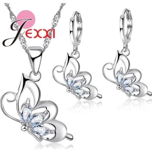 Women Girls Best Gift for Christmas Fashion 925 Sterling Silver Hollow Butterfly Crystal Necklace Earrings Jewelry Sets