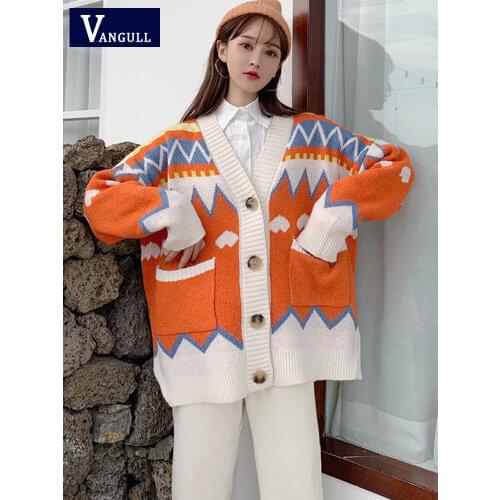 Vangull Printting Knitted Women Sweater Coat Casual Plus Size V-neck Single Breasted Cardigan Loose Pockets Female Sweater Tops