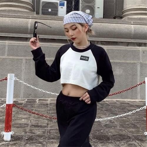 2021 Spring Autumn Women Long Sleeve Patchwork Crop Tops Casual Contrast Color Letter Round Neck Exposed Navel T-Shirt